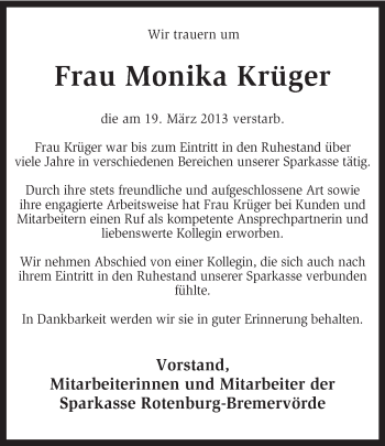 Traueranzeige von Monika Krüger von KRZ