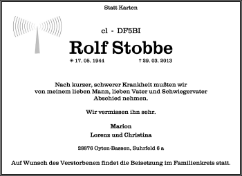 Traueranzeige von Rolf Stobbe von KRZ