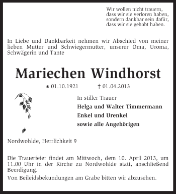 Traueranzeige von Mariechen Windhorst von KRZ