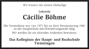 Traueranzeige von Cäcilie Böhme von KRZ