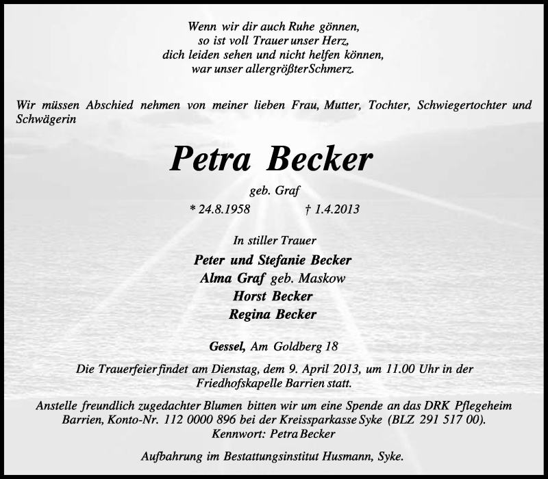  Traueranzeige für Petra Becker vom 04.04.2013 aus KRZ