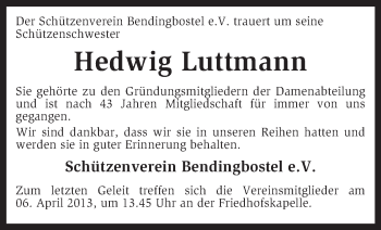 Traueranzeige von Hedwig Luttmann von KRZ