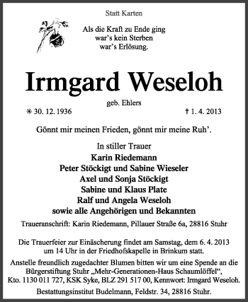 Traueranzeige von Irmgard Weseloh von KRZ