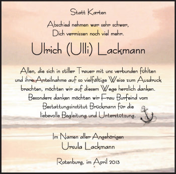 Traueranzeige von Ulrich  Lackmann von KRZ