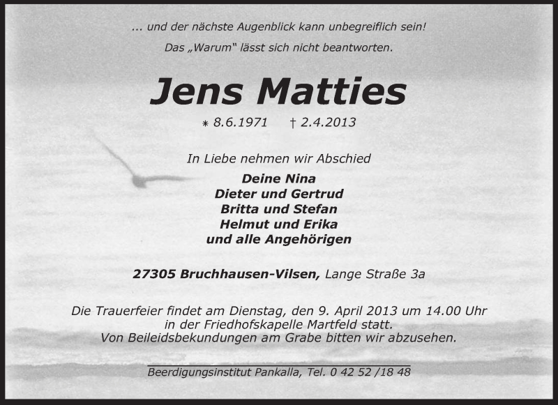  Traueranzeige für Jens Matties vom 05.04.2013 aus KRZ