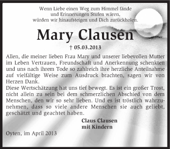 Traueranzeige von Mary Clausen von KRZ