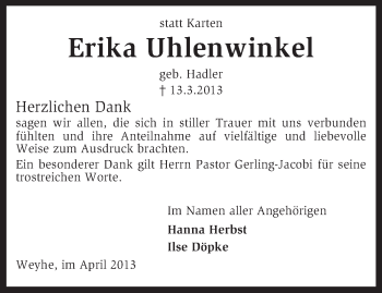 Traueranzeige von Erika Uhlenwinkel von KRZ