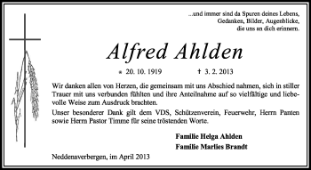 Traueranzeige von Alfred Ahlden von KRZ