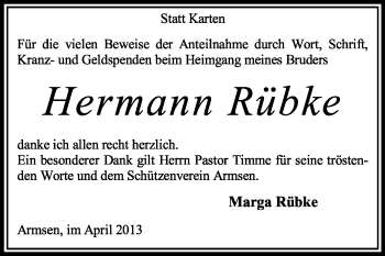 Traueranzeige von Hermann Rübke von KRZ