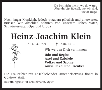 Traueranzeige von Heinz-Joachim Klein von KRZ