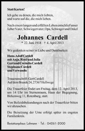 Traueranzeige von Johannes Cardell von KRZ