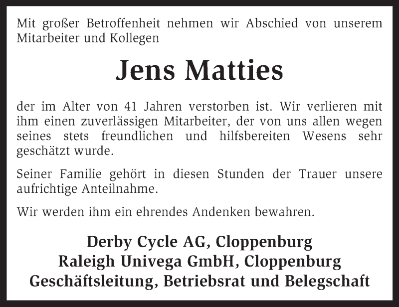  Traueranzeige für Jens Matties vom 09.04.2013 aus KRZ