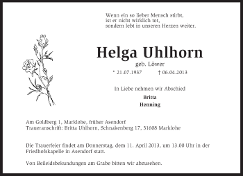 Traueranzeige von Helga Uhlhorn von KRZ