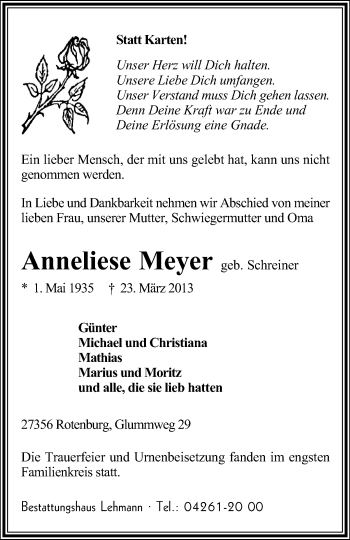 Traueranzeige von Anneliese Meyer von KRZ
