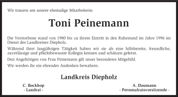 Traueranzeige von Toni Peinemann von KRZ