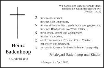 Traueranzeige von Heinz Badenhoop von KRZ