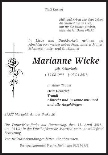 Traueranzeige von Marianne Wicke von KRZ