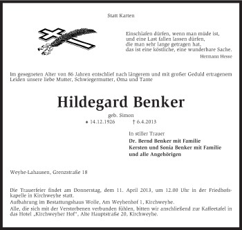 Traueranzeige von Hildegard Benker von KRZ