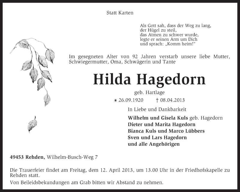  Traueranzeige für Hilda Hagedorn vom 10.04.2013 aus KRZ