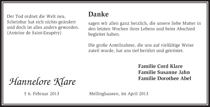  Traueranzeige für Hannelore Klare vom 13.04.2013 aus KRZ