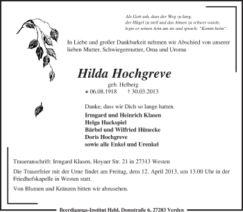 Traueranzeige von Hilda Hochgreve von KRZ