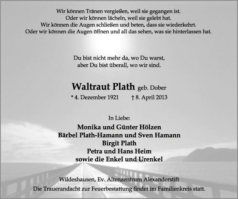  Traueranzeige für Waltraut Plath vom 11.04.2013 aus KRZ