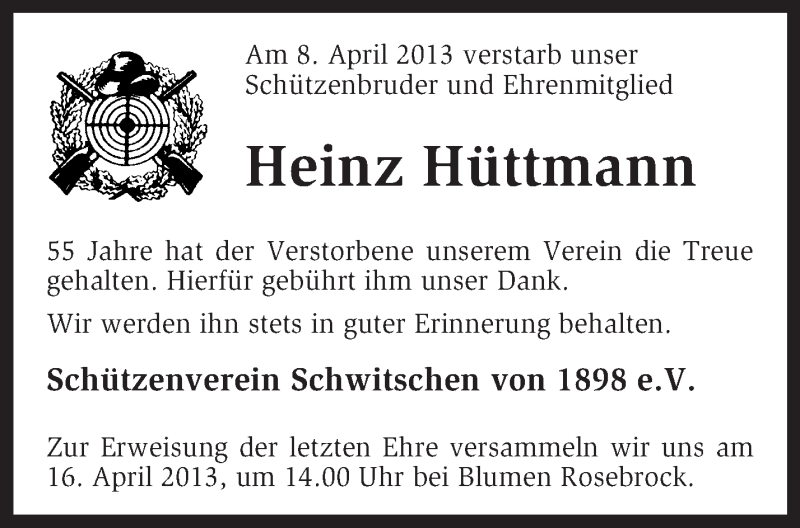  Traueranzeige für Heinz Hüttmann vom 11.04.2013 aus KRZ