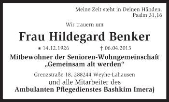 Traueranzeige von Hildegard Benker von KRZ