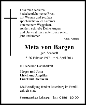 Traueranzeige von Meta von Bargen von KRZ