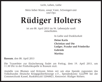 Traueranzeige von Rüdiger Holters von KRZ