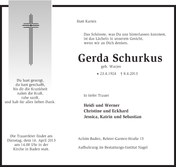Traueranzeige von Gerda Schurkus von KRZ