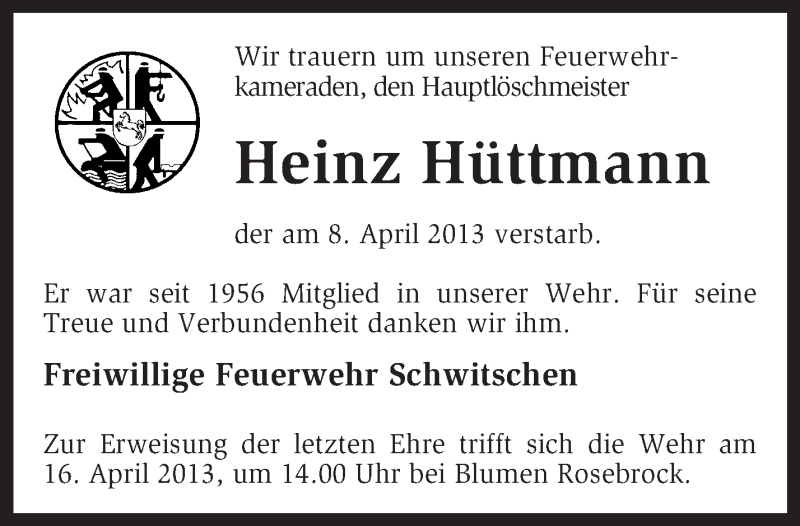  Traueranzeige für Heinz Hüttmann vom 11.04.2013 aus KRZ