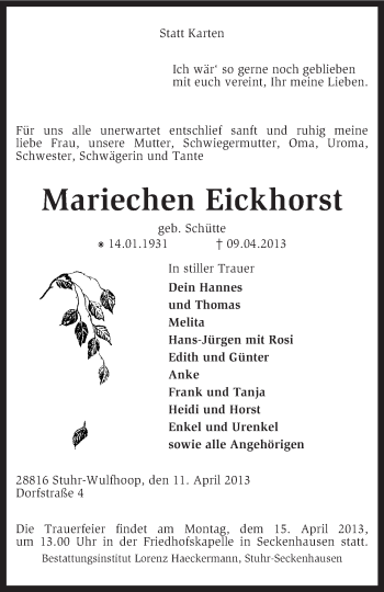 Traueranzeige von Mariechen Eickhorst von KRZ