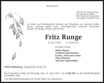 Traueranzeige von Fritz Runge von KRZ