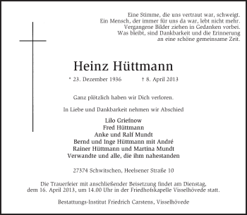 Traueranzeige von Heinz Hüttmann von KRZ