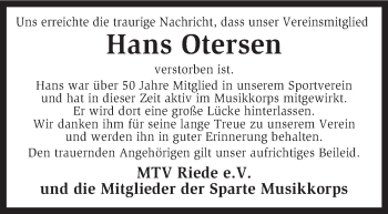 Traueranzeige von Hans Otersen von KRZ