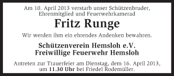 Traueranzeige von Fritz Runge von KRZ