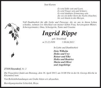 Traueranzeige von Ingrid Rippe von KRZ