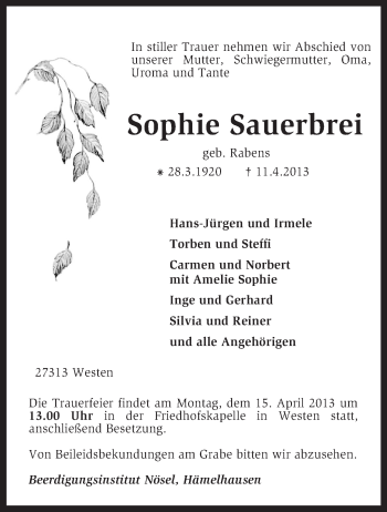 Traueranzeige von Sophie Sauerbrei von KRZ