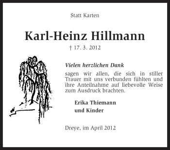 Traueranzeige von Karl-Heinz Hillmann von KREISZEITUNG SYKE