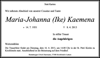 Traueranzeige von Maria -Johanna Kaemena von KRZ