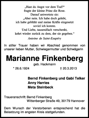 Traueranzeige von Marianne Finkenberg von KRZ