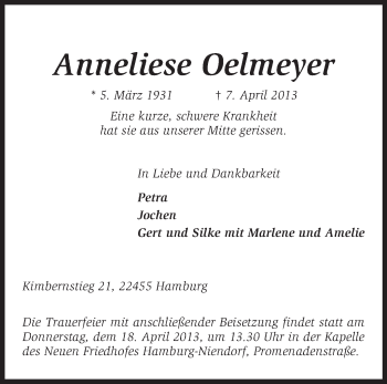 Traueranzeige von Anneliese Oelmeyer von KRZ