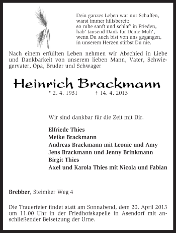 Traueranzeige von Heinrich Brackmann von KRZ