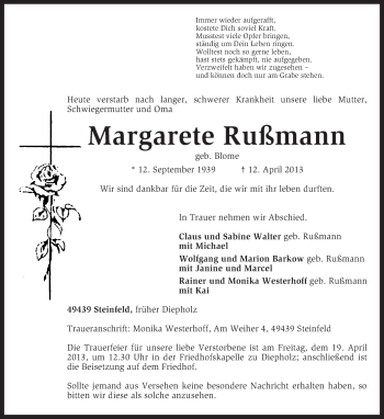 Traueranzeige von Margarete Rußmann von KRZ