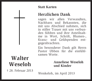 Traueranzeige von Walter Weseloh von KRZ