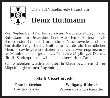 Traueranzeige von Heinz Hüttmann von KRZ