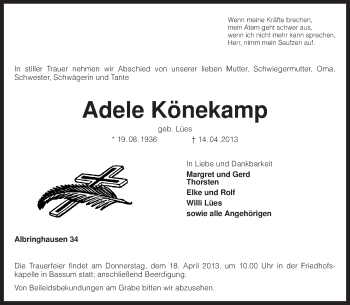 Traueranzeige von Adele Könekamp von KRZ