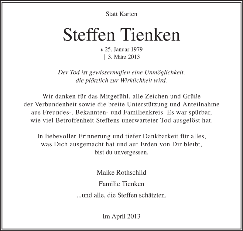  Traueranzeige für Steffen Tienken vom 20.04.2013 aus KRZ