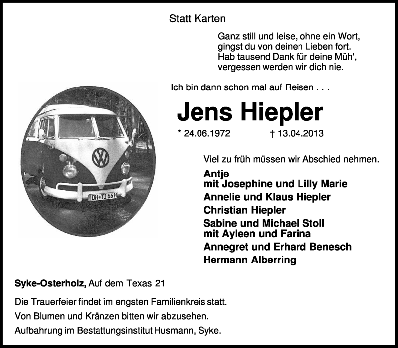  Traueranzeige für Jens Hiepler vom 17.04.2013 aus KRZ